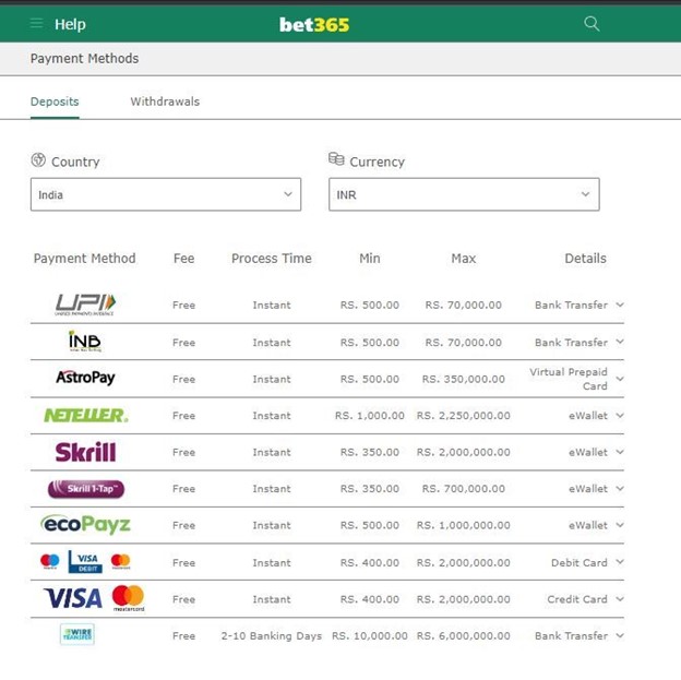 bet365 deposit methods